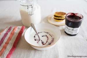 Breakfast: Homemade Yogurt, Bonne Maman Mixed Berries Preserves, Homemade Johnnycakes. Yum!