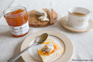 Afternoon Tea & Cheese Plate For One: Point Reyes Blue & Bonne Maman's Apricot Preserves.