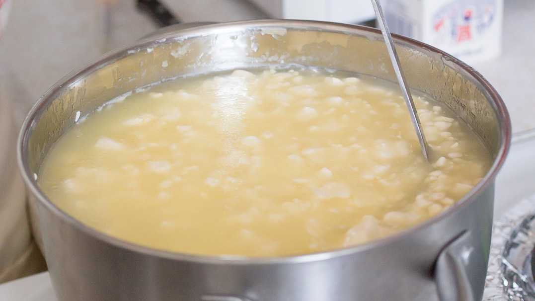 "Pitching" the curds, letting them settle at the bottom of the pot.