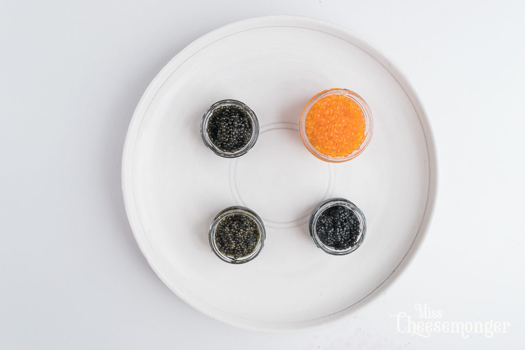 Tsar Nicoulai caviar and cheese tasting. Plate by Shiho Taka Ceramics. By Vero Kherian on misscheesemonger.com.