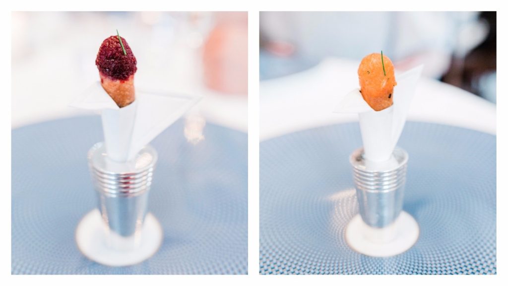 Vegetable cornet (L) with beets. Chef's tasting menu option (R) with salmon.